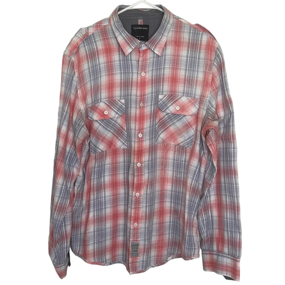 Calvin Klein Button Up Shirt Plaid Lightweight Collared Mens Sz Large Red Blue